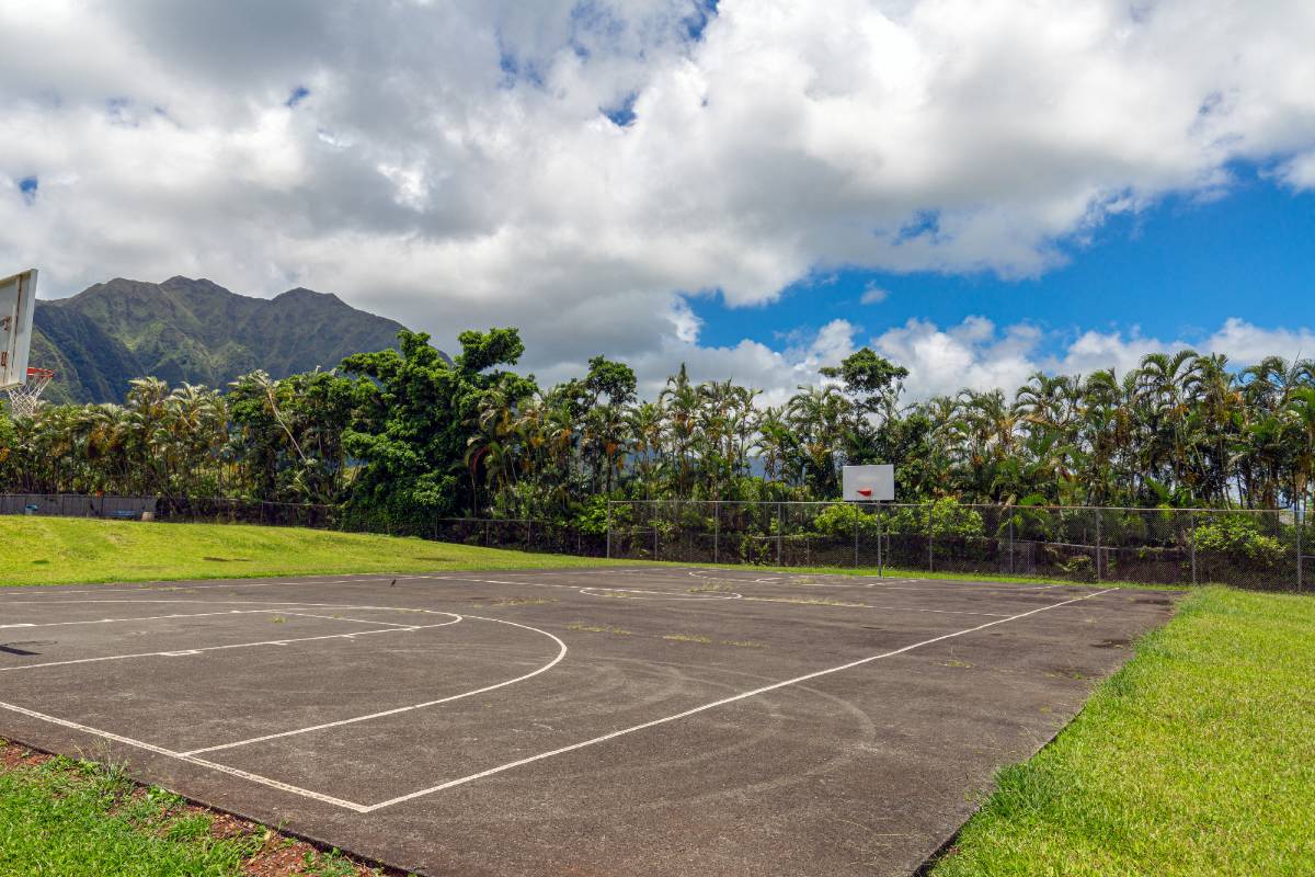 a basketball court in a park with mountains in the background